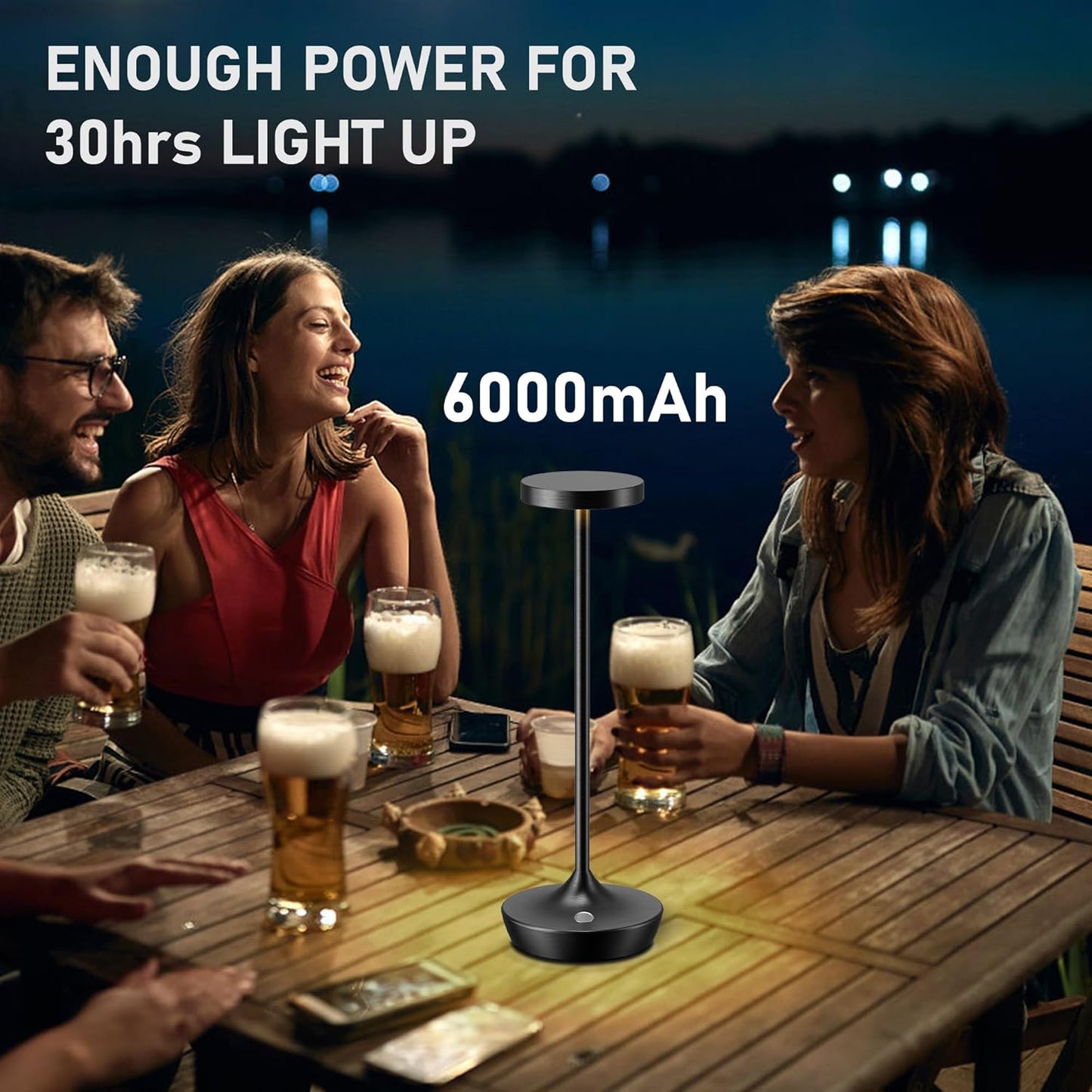 Cordless Table Lamp Rechargeable - 6000mAh LED Battery Operated Table Light - Portable Touch Dimmable Outdoor Waterproof Table Lamps for Patio Restaurant Dining (Black)