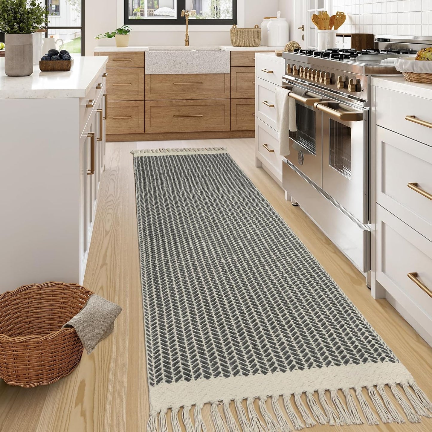 Lahome Boho Hallway Runner Rug, 2x7 Kitchen Runners Rug Washable Bath Rugs for Bathroom Woven Cotton with Tassels, Farmhouse Carpet Non Shedding Grey Rugs for Bedroom Laundry
