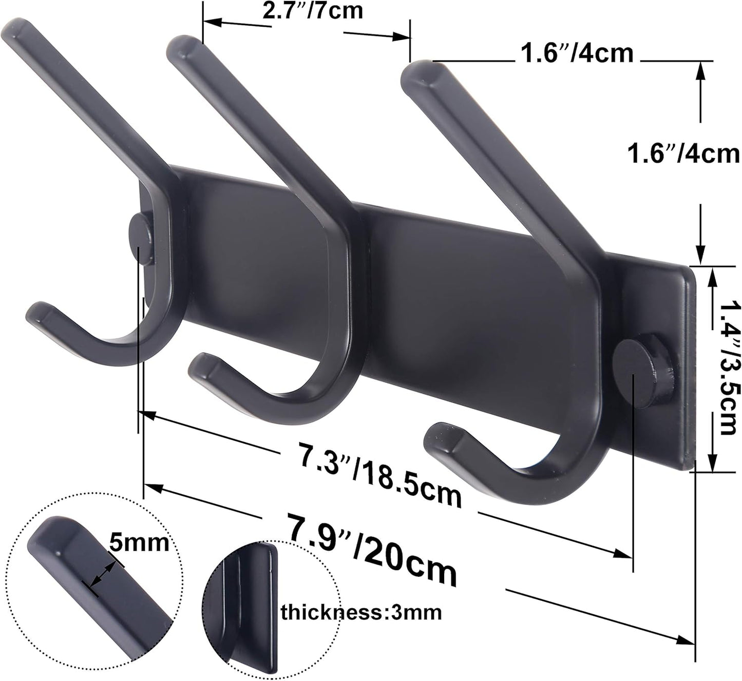 WEBI Coat Rack Wall Mounted,3 Coat Hooks for Hanging Coats,Heavy Duty Metal Hook Rack Hook Rail Coat Hanger Wall Coat Rack with Hooks for Clothes Entryway Jacket,Black,2 Packs