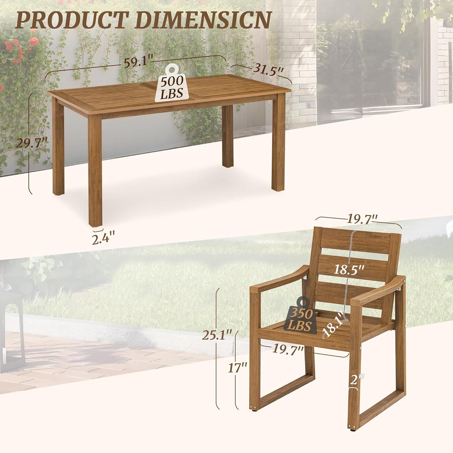 Patio Furniture Dining Set, 7-Piece, HDPS, Teak Color-Oil Printed, All Weather Outdoor Table and Chairs, Modern Design, Low Maintenance, Easy to Assemble