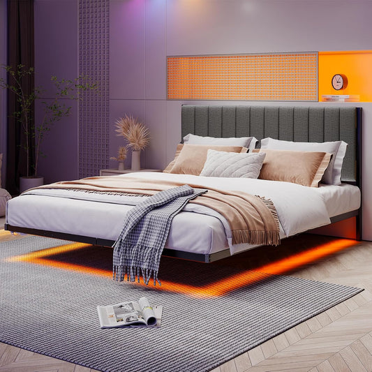 Floating Queen Bed Frame with LED Lights & Charging Station,Modern Metal Platform Bed Frame Queen Size with Upholstered Headboard,No Box Spring Needed,Heavy Duty Steel Slats,Easy Assembly,Noise Free
