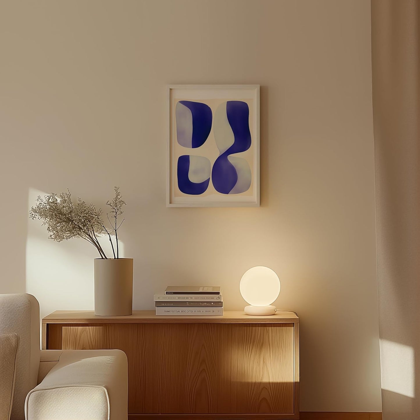 HAUS AND HUES Modern Abstract Wall Art - Blue and Green Living Room Art, Modern Artwork for Walls, Minimalist Picture for Living Room(Blue Tribal Shapes 2, White Frame, 12x16)