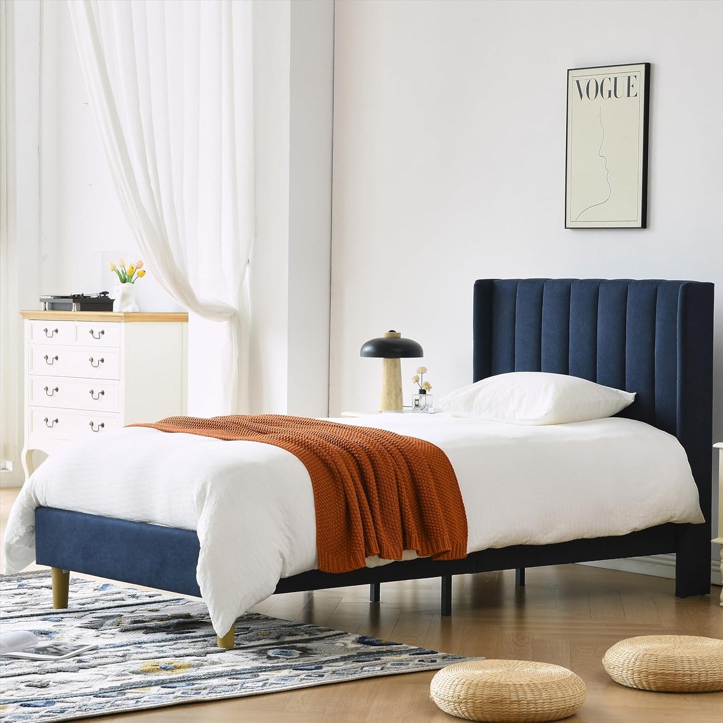 YUHUASHI upholstered Platform Bed Frame/Twin Bed Frame/Modern Geometric Double-Wing Design headboard/Linen Fabric/Easy to Assemble no Noise (Navy Blue, Twin)