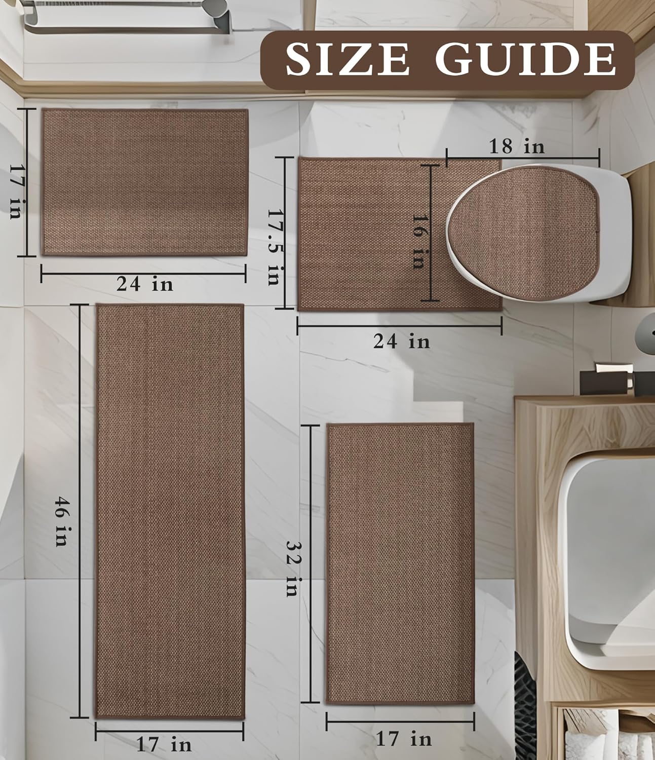 YIHOUSE Bathroom Rugs Sets 5 Pieces, Coffee Ultra Thin Bath Mats Fit Under Door, Absorbent Quickly Dry Rubber Backing Braided Bath Mat Set, Non Slip Washable Bath Rugs Mat for Bathroom Floor, Coffee