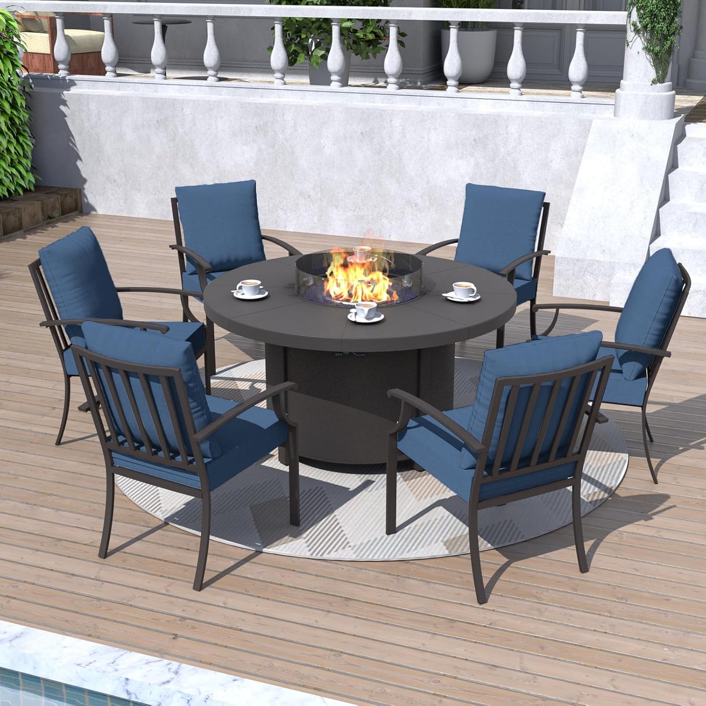Kurapika 7 Piece Metal Outdoor Patio Furniture Set with 48" Round Fire Pit Table, Patio Conversation Sets 6 Fixed Chairs with Thick Cushion and 40000 BTU Propane Fire Pit Table, Navy Blue
