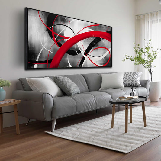 Abstract Wall Art for Living Room, Black White and Red Line Canvas Wall-Decor for Bedroom, Large Size 29x59 Inches Framed