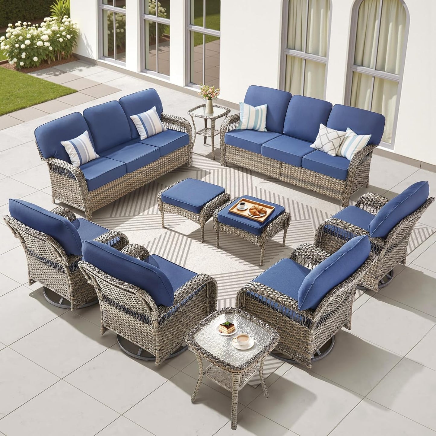 10 Pieces Outdoor Patio Furniture Set, Outdoor Wicker 3 Seater Sofa with Swivel Rocker Patio Chairs Set of 4 and 2 Ottomans, Comfy Patio Conversation Set for Deck Porch Backyard, Blue