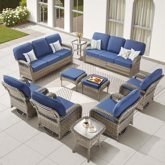 10 Pieces Outdoor Patio Furniture Set, Outdoor Wicker 3 Seater Sofa with Swivel Rocker Patio Chairs Set of 4 and 2 Ottomans, Comfy Patio Conversation Set for Deck Porch Backyard, Blue