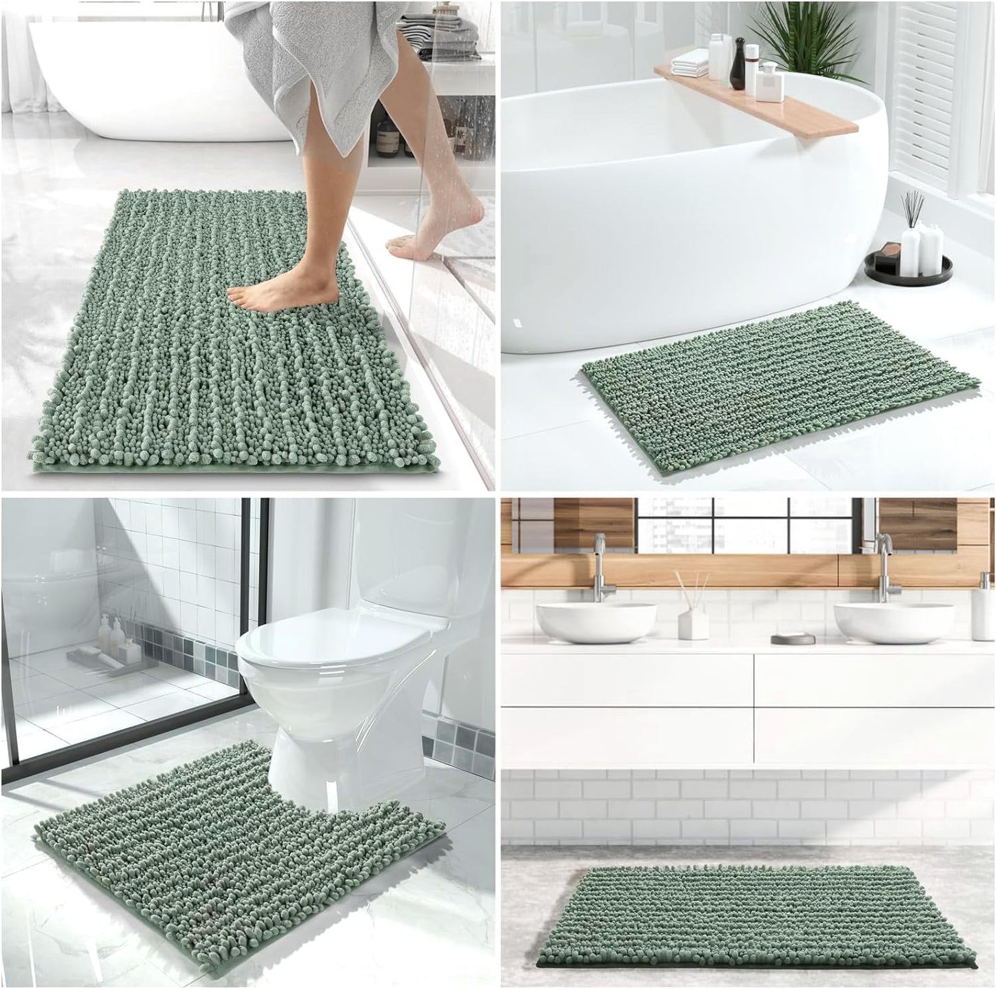 Yimobra Bathroom Rugs Sets 2 Piece - Quick Dry Extra Thick Luxury Chenille Bath Mat, Non Slip Super Absorbent for Tub Shower Sink, Machine Washable Shaggy Floor Mat, 32"x20"+24"x20" Inch, Green