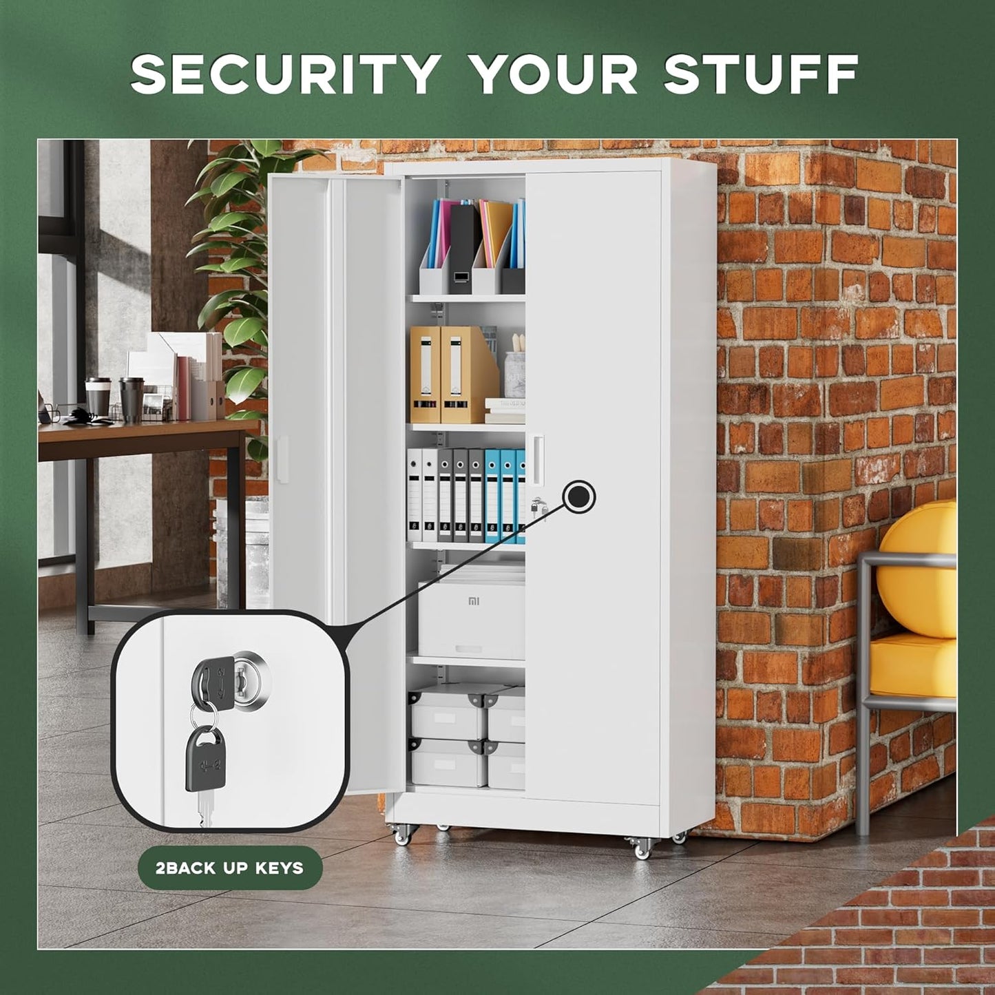 Greenvelly Metal Garage Storage Cabinet with Wheels, 73" White Steel Rolling Cabinet with 2 Door Lock and Adjustable Shelves,Locking Storage Cabinet for Garage Home Office Utility Room