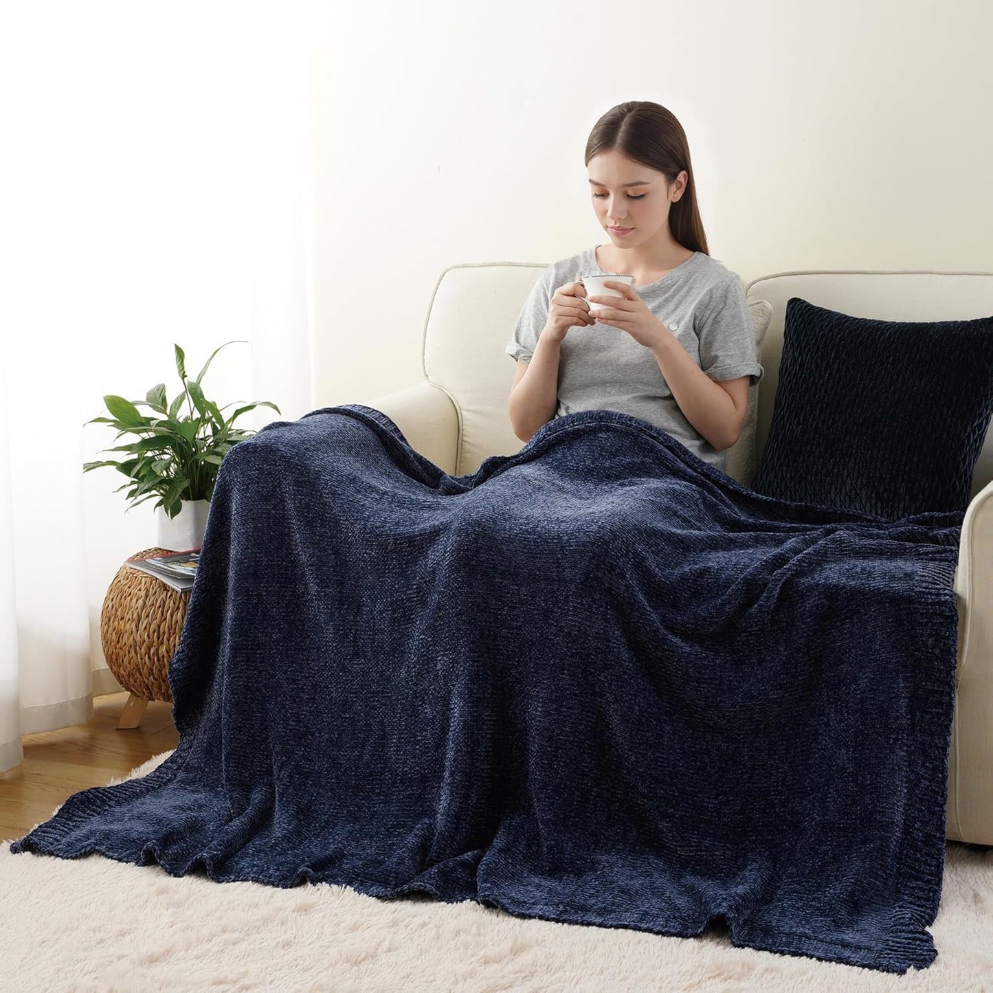 BATTILO HOME Navy Throw Blanket for Couch, Dark Blue Throw Blankets for Sofa, Chair, Living Room, Chenille Knit Throw Blankets for Bed Living Room Home Decor, 51"x67"