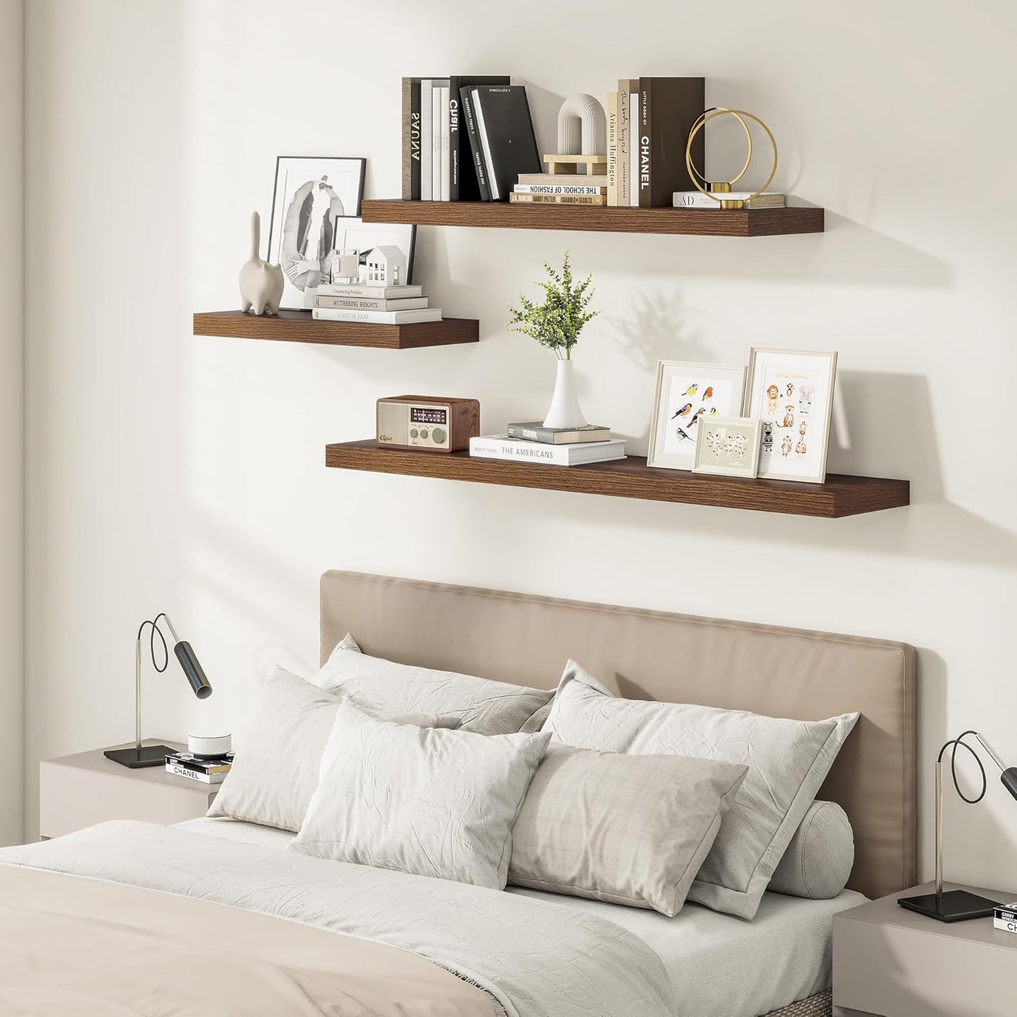 Vivelove 12 Inch Deep Floating Shelves for Wall, 24" X 12" X 2" Floating Shelf, 2 Inch Thick Shelf for Bathroom Bedroom Kitchen Book Room, Heavy Duty 55lbs Shelves for Farmhouse Decor Set of 2, Walnut