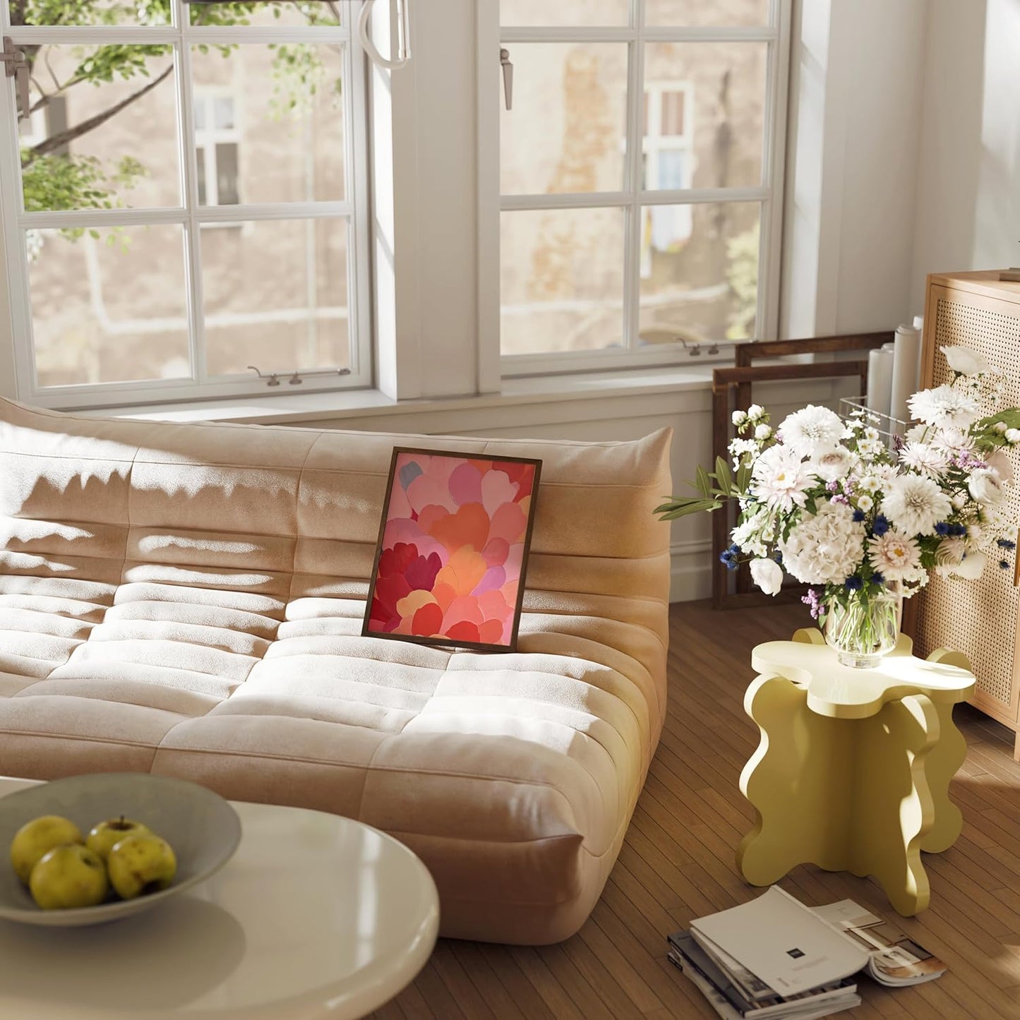 HAUS AND HUES Colorful Abstract Wall Art - Minimalist Retro Picture for Living Room Decor, Red and Pink Modern Wall Art Painting (Petals 1, Walnut Frame, 11x14)