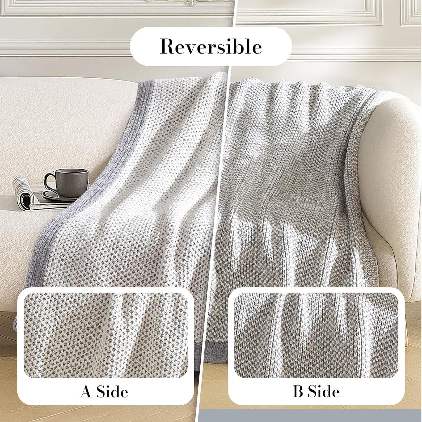 Amélie Home Honeycomb Knit Throw Blanket for Couch, Dual-Sided Soft Chenille Decorative Blankets for Sofa & Chair, 50"x60", Gray & White