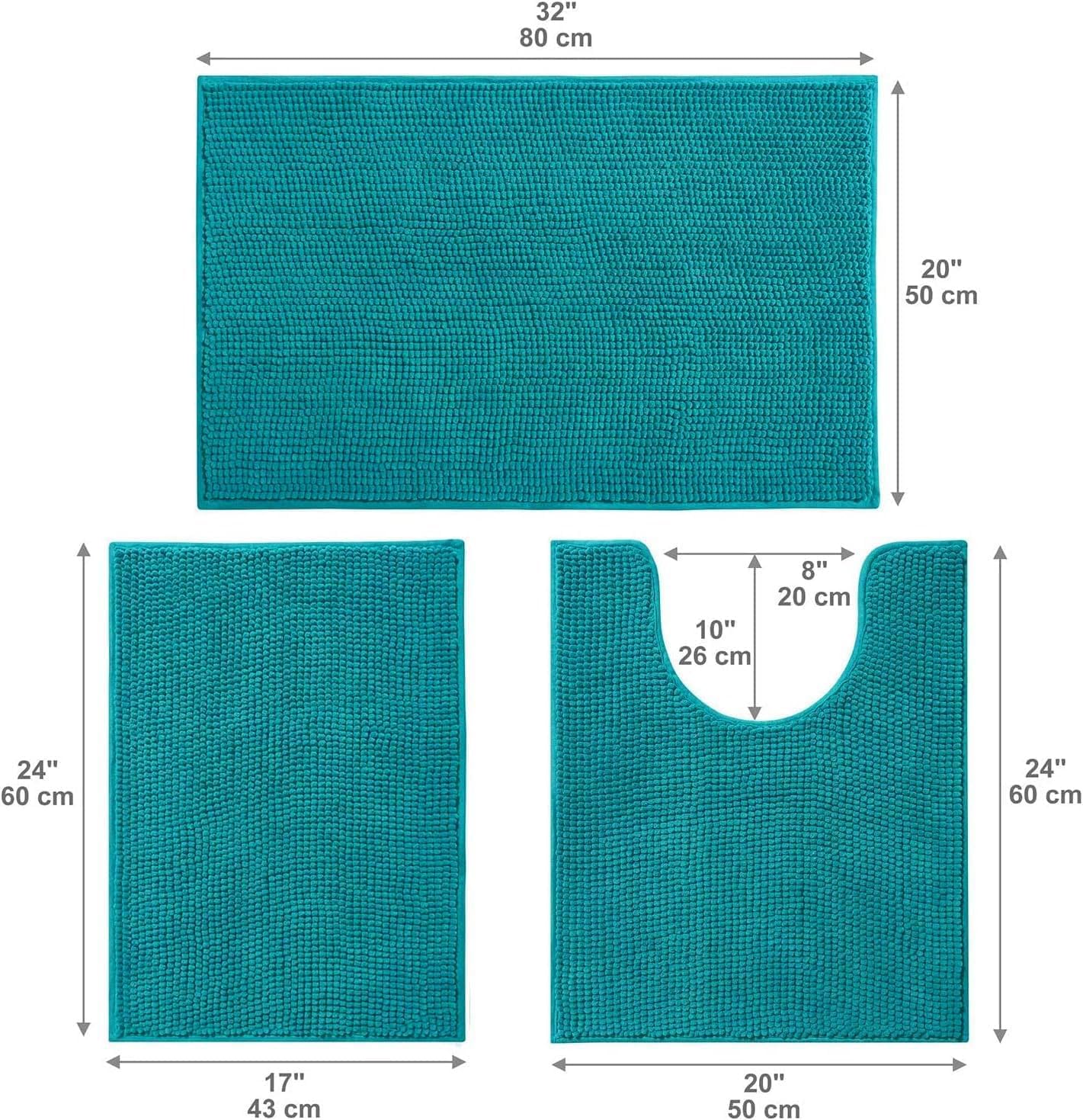 Urvoix Bathroom Rugs Sets 3 Piece, Chenille Bathroom Rug Non-Slip Bath Rug, Ultra Soft, Washable, Super Absorbent Bath Mats for Bathroom, Toilet and Tub (Teal Blue)