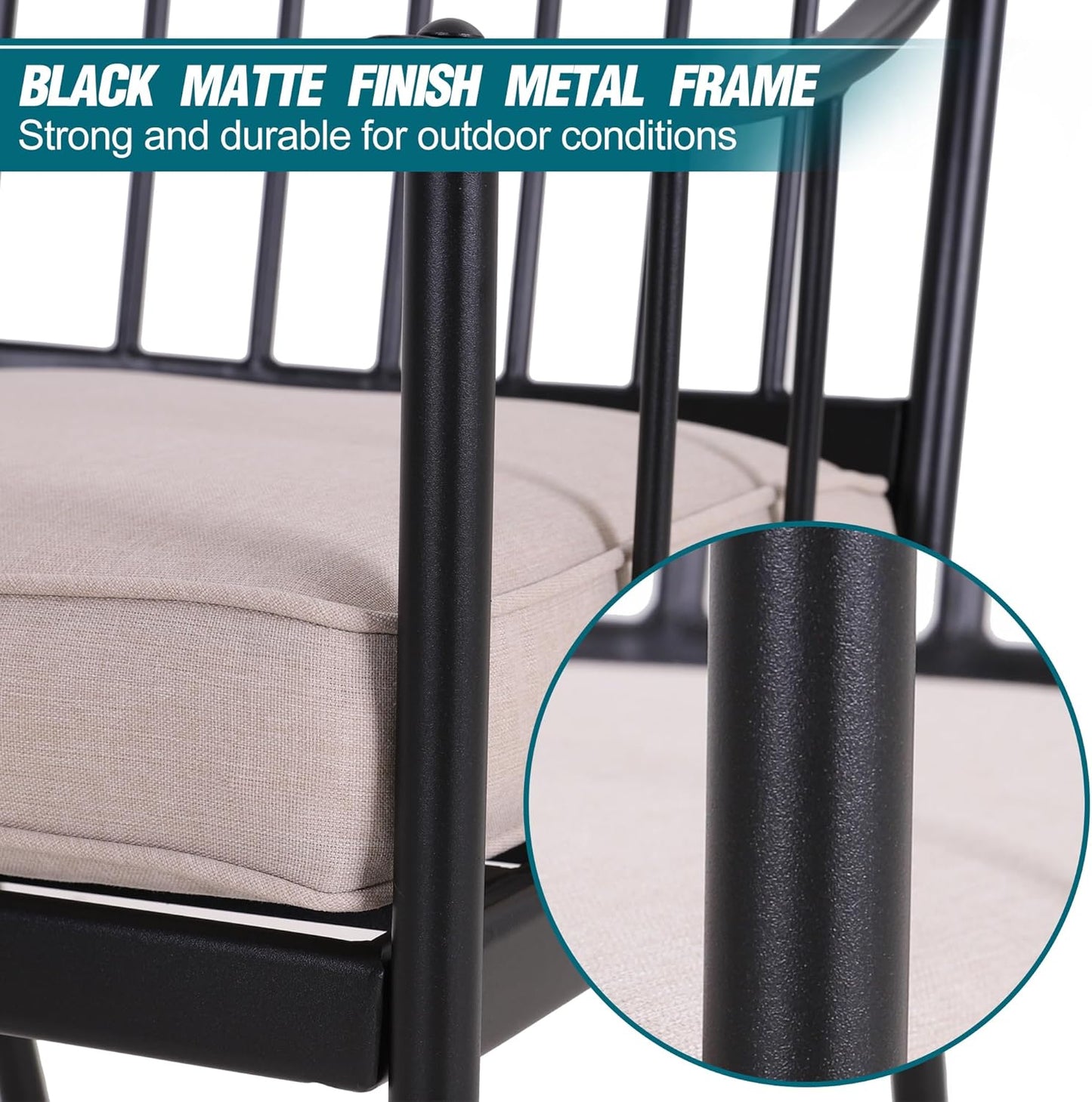 PHI VILLA 7 Pieces Outdoor Dining Set for 6, 60" Rectangle Black Steel Table with Umbrella Hole & Swivel Metal Iron Chairs with Cushions, Modern Furniture for Patio, Deck, Yard, Porch