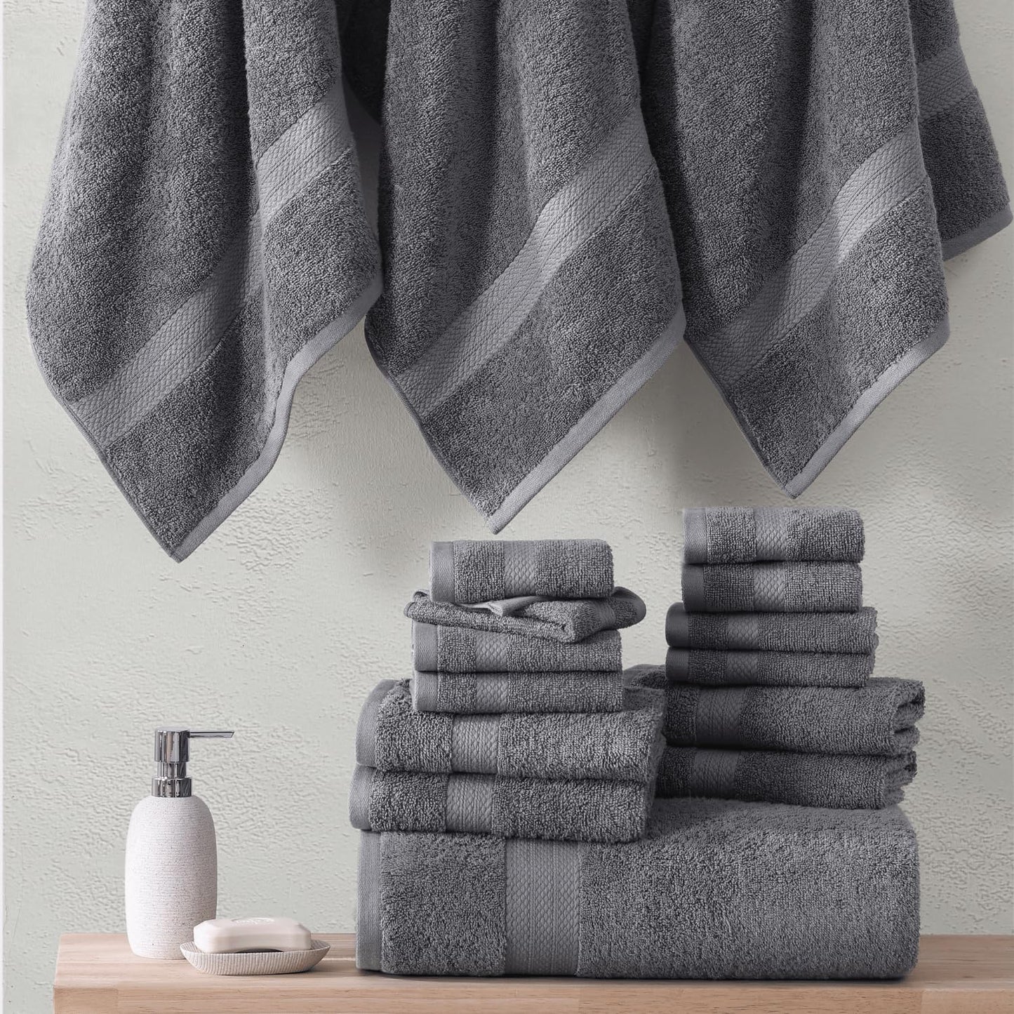 Lane Linen 100% Cotton Luxury Bathroom Towel Set - 6 Pcs - RingSpun, QuickDry, Very Soft & Highly Absorbent - 2 Large Bath Towels, 2 Washcloths, 2 Hand Towels - Pre Shrunk & Fade Resistant - Cool Grey