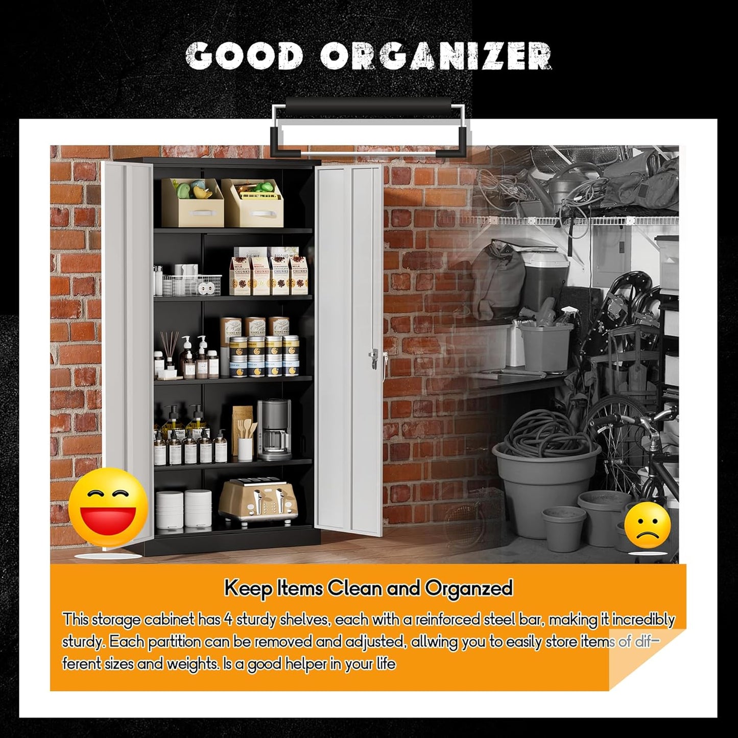 Greenvelly Metal Storage Cabinet, 72" Metal Garage Storage Cabinet with 2 Doors and 4 Adjustable Shelves,Steel Cabinets with Locking Doors for Home Office,Garage,School,Gym(Black Grey)