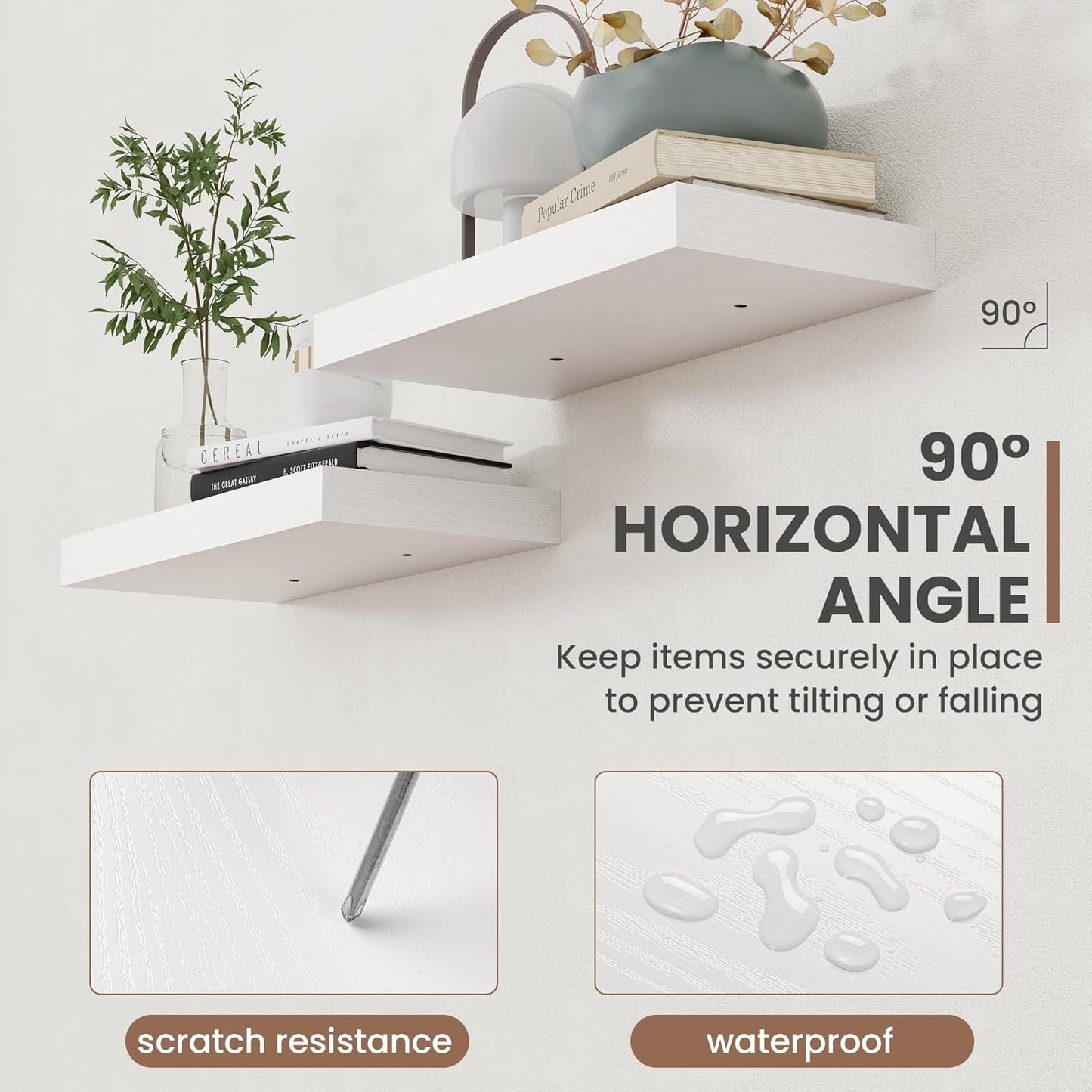 30 Inch Floating Shelves, 8 Inch Deep Floating Shelves for Wall, Hanging Shelf with Invisible Brackets, Deep Shelves for Bathroom, Bedroom, Living Room, White, Set of 2