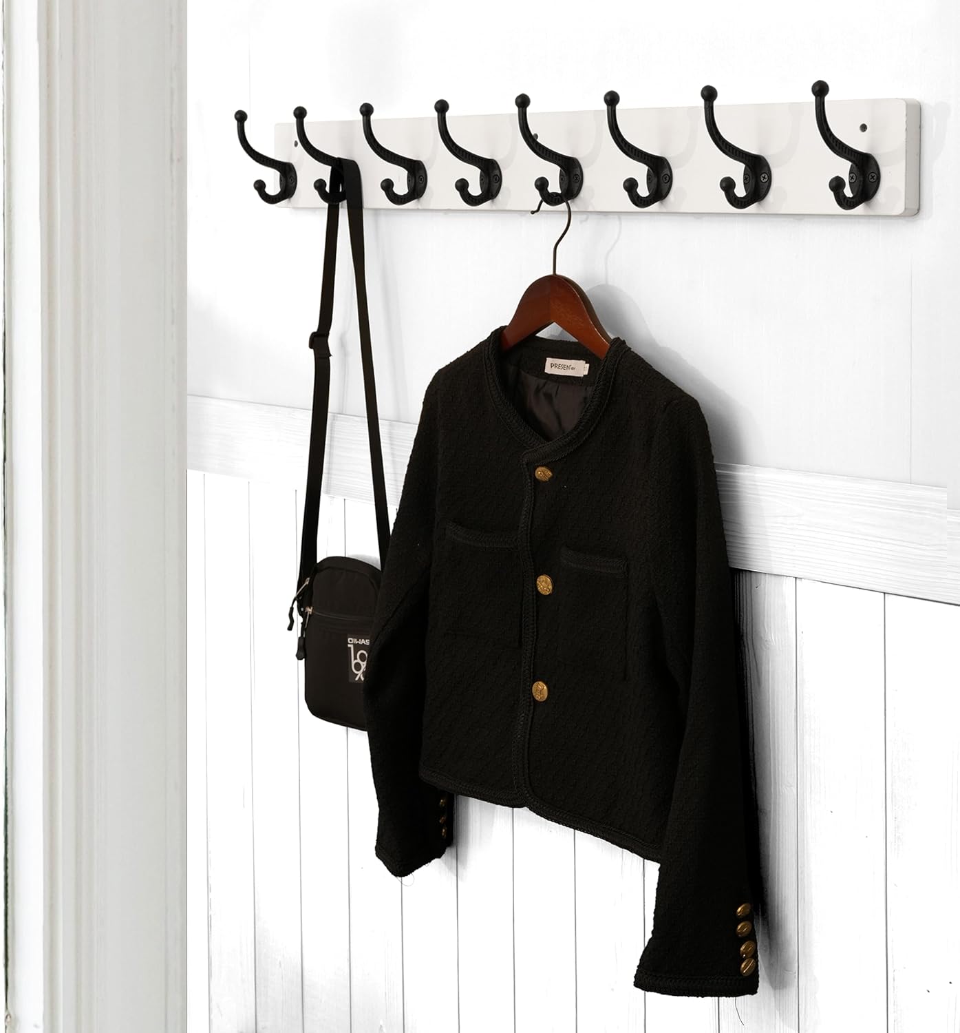 WEBI Rustic Coat Rack Wall Mount,35.43" Long 8 Cast Iron Coat Hooks Wall Mounted,Heavy Duty Wall Coat Hanger Hooks for Hanging Coats,Clothes,Black on White,2 Packs