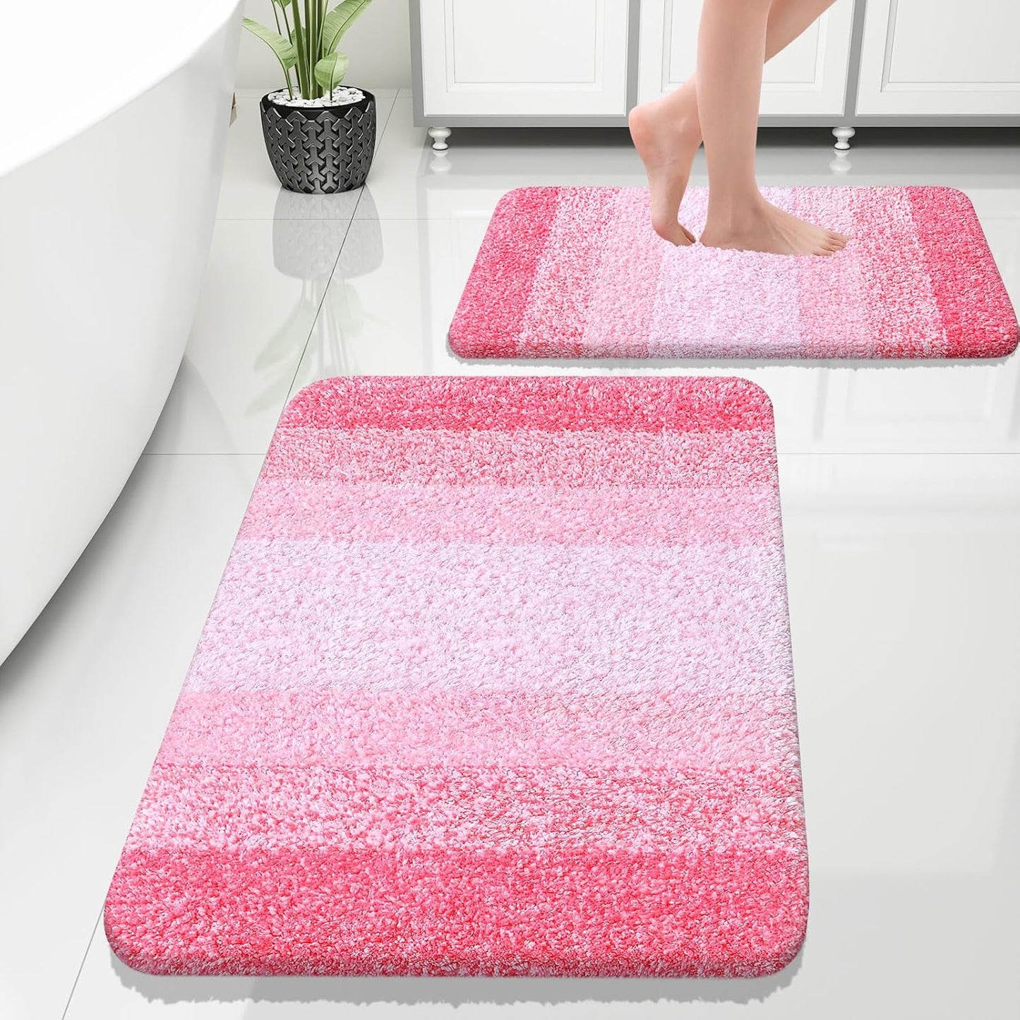 OLANLY Bathroom Rug Set 2 Piece, Soft Absorbent Microfiber Bath Rug Set, Non-Slip, Machine Wash Dry, Plush Shaggy Bath Mats for Bathroom (30"x20"+24"x16", Pink)
