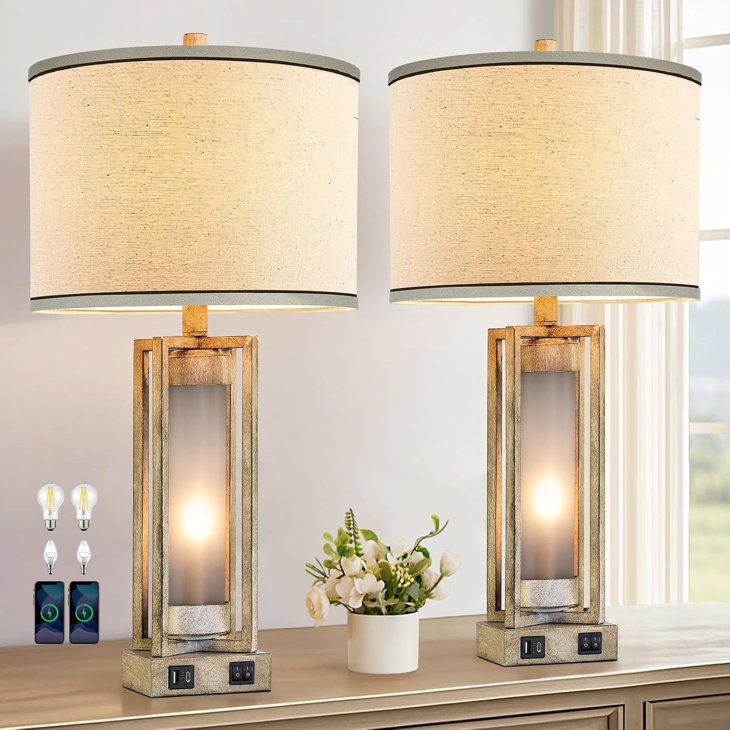 RORIANO 25" Set of 2 Farmhouse Table Lamps for Living Room with USB A+C Ports, Rustic Nightstand Lamp with White Night Light, Vintage Desk Lamp for Entryway Bedroom End Table, 4 Bulbs Included