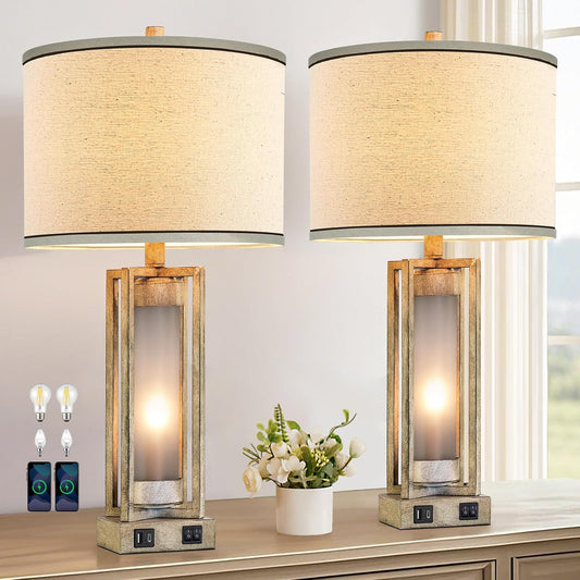 RORIANO 25" Set of 2 Farmhouse Table Lamps for Living Room with USB A+C Ports, Rustic Nightstand Lamp with White Night Light, Vintage Desk Lamp for Entryway Bedroom End Table, 4 Bulbs Included