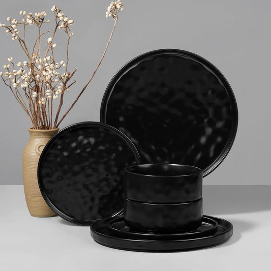 HaWare Dinnerware Sets, 6-Piece Plates and Bowls Set, Stoneware Dish Set for 2, Ceramic Dinnerware for Home Restaurant, Chip and Scratch Resistant, Microwave and Dishwasher Safe, Matte Black