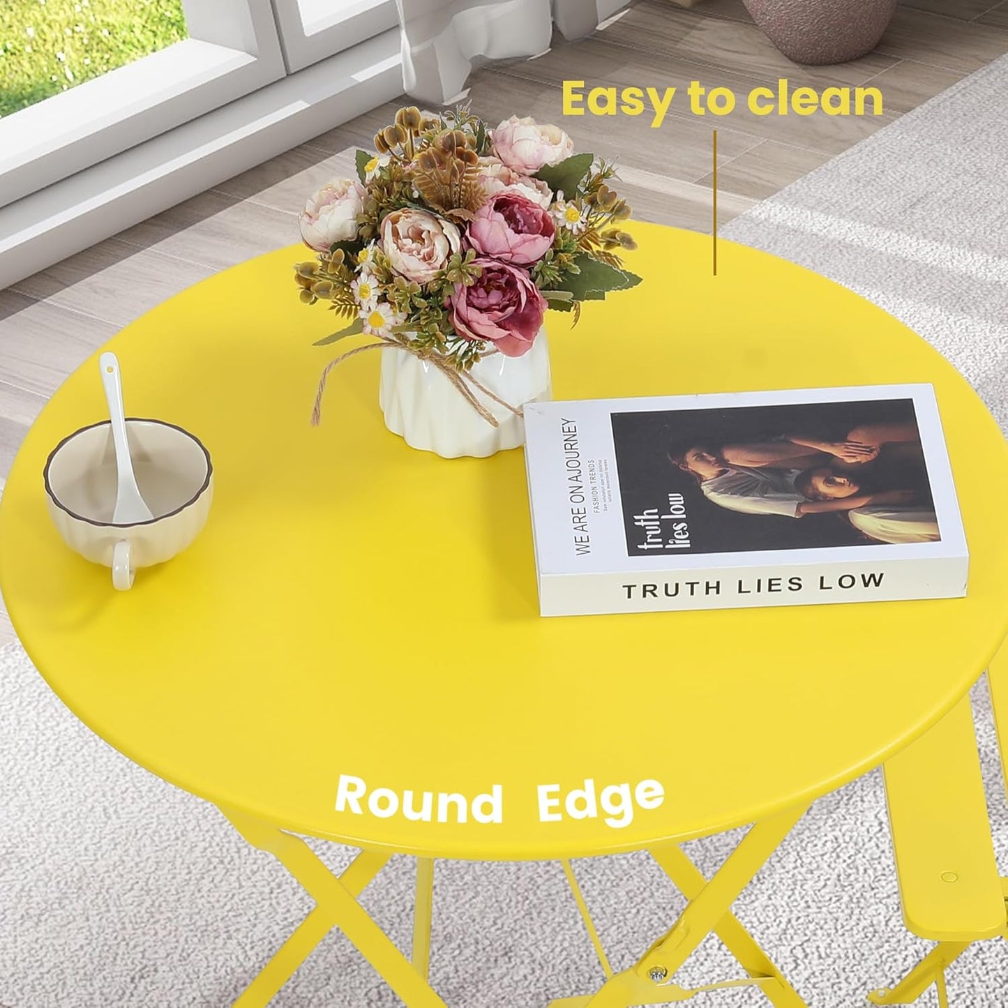 Kromax Outdoor 3 Piece Patio Bistro Set, Folding Bistro Table and 2 Folding Chairs, Patio Conversation Furniture Set, Space Saving, Yellow