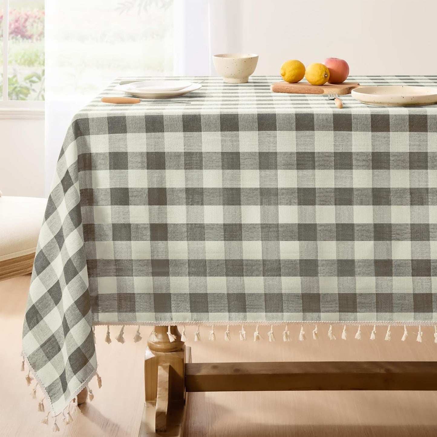 Softalker Checkered Tablecloth Rectangle, Heavy Weight Linen Gingham Boho Table Cloth with Tassel, Wrinkle Free Buffalo Plaid Table Cover for Dining/Party/Outdoor - 55 x 120 Inch, Coffee