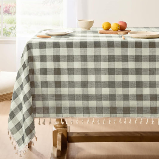Softalker Checkered Tablecloth Square, Heavy Weight Linen Gingham Boho Table Cloth with Tassel, Wrinkle Free Buffalo Plaid Table Cover for Dining/Party/Outdoor - 55 x 55 Inch, Coffee