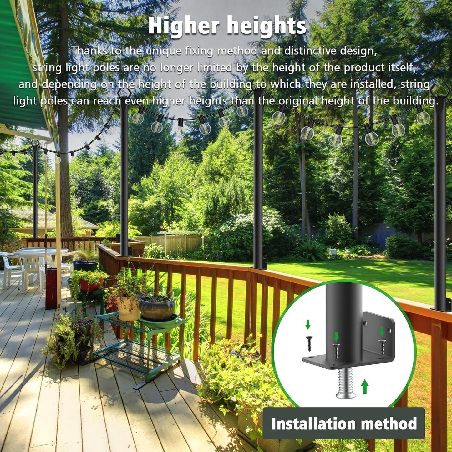 10 Pack String Light Poles,5Ft Metal Poles for Outdoor String Lights,Outdoor Light Poles with Post,Poles/Stand for Outside,Patio,Deck,Backyard,Garden Wedding,Party