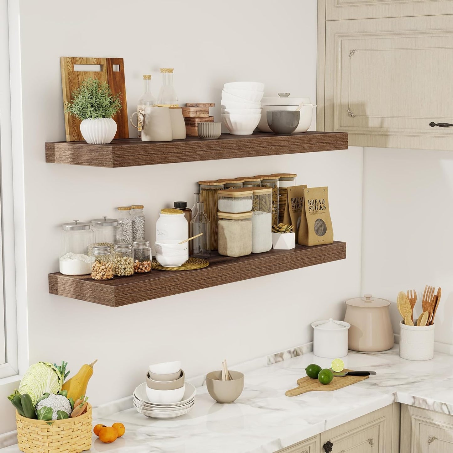 48 Inch Floating Shelves, 12" Deep Floating Shelf Wall Mounted, 48" Wall Shelves, Rustic Deep Bookshelf, Extra Deeper & Thicker Display Shelves for Bedroom, Living Room, Walnut, Set of 2