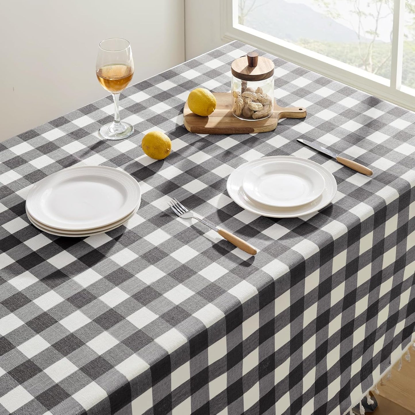 Softalker Checkered Tablecloth Square, Heavy Weight Linen Gingham Outdoor Table Cloth with Tassel, Wrinkle Free Buffalo Plaid Table Cover for Dining/Party/Home - 55 x 55 Inch, Black