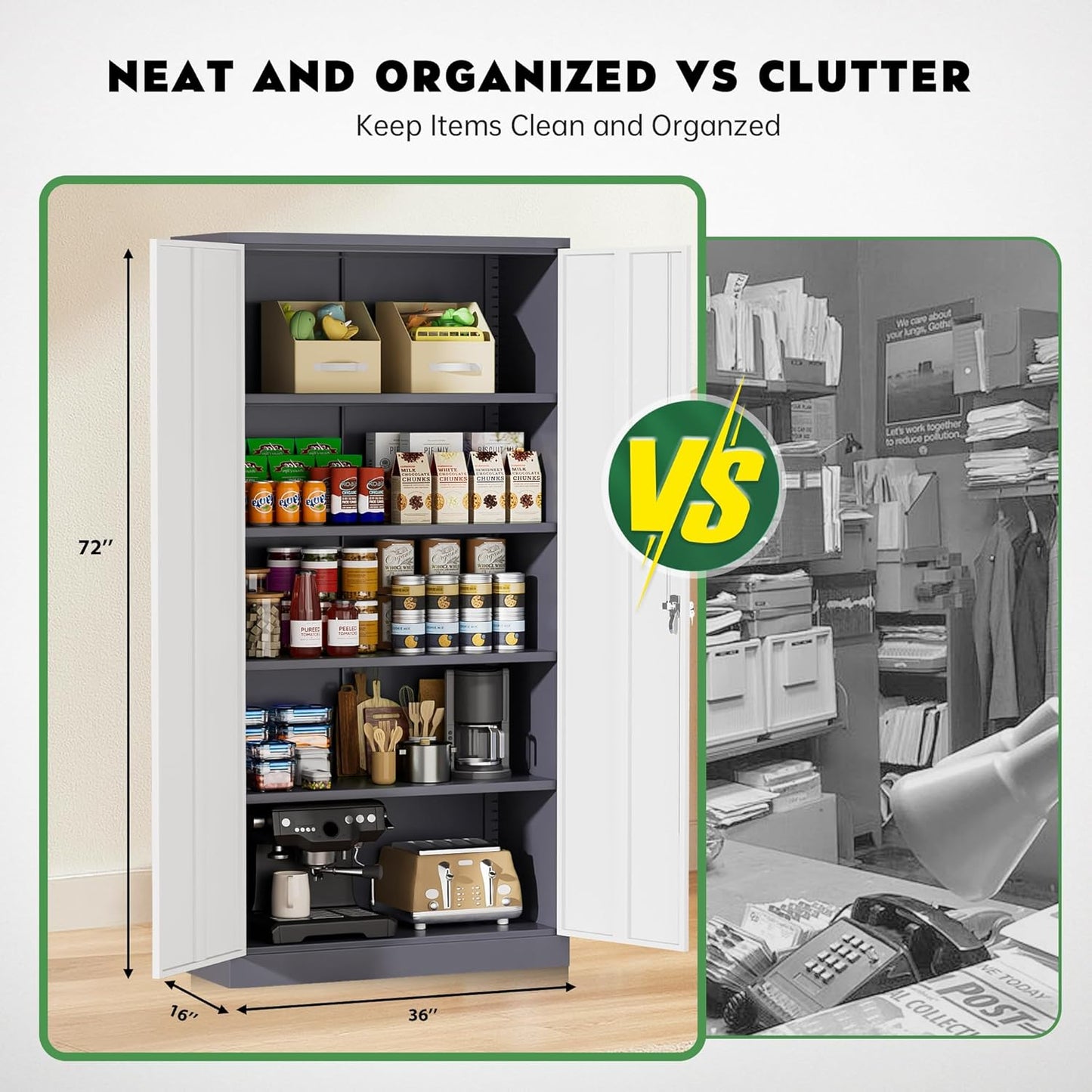 Greenvelly Metal Garage Storage Cabinet, Tall Locking Storage Cabinet with 2 Doors and 4 Adjustable Shelves, Steel Tool Cabinet, Lockable Filling Cabinet for Home, Office, Garage, School (Gray White)