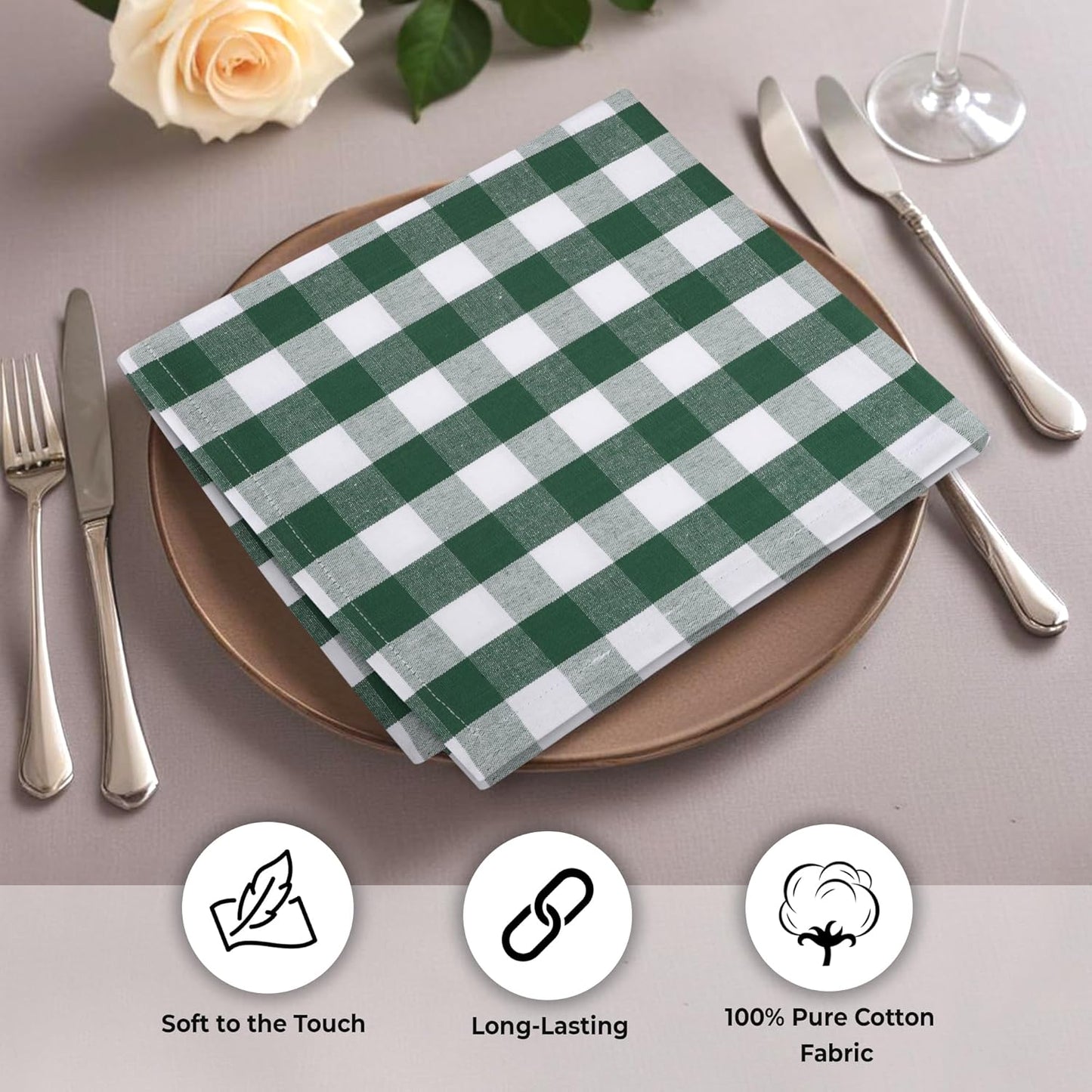 Urban Villa Cotton Dinner Napkins Set of 6, Highly Absorbent 20x20 Inches Premium Cloth Napkins Hotel Quality Reusable & Washable Table Dinner Napkins for Home & Weddings - Hunter Green/White, Checks