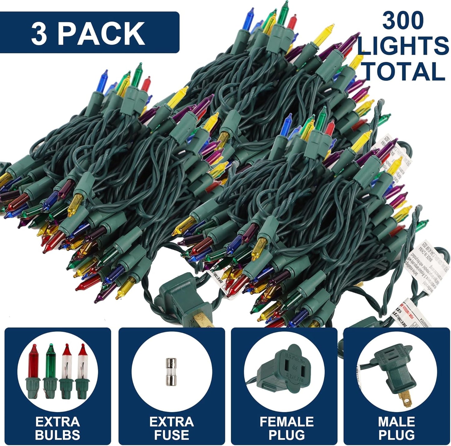 3 Pack Multicolor Christmas String Lights, 100 Count Each, Incandescent Mini Christmas Lights, Connectable Xmas Tree Light for Indoor Outdoor Garland Birthday Holiday Wedding Festival Party