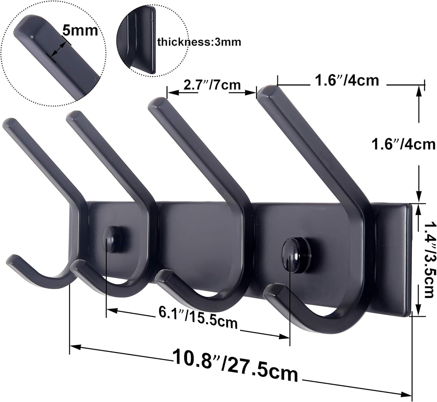 WEBI Coat Rack Wall Mounted,4 Coat Hooks for Hanging Coats,Hook Rack Rail Coat Hanger Wall Coat Rack with Hooks for Clothes,Black,2 Packs