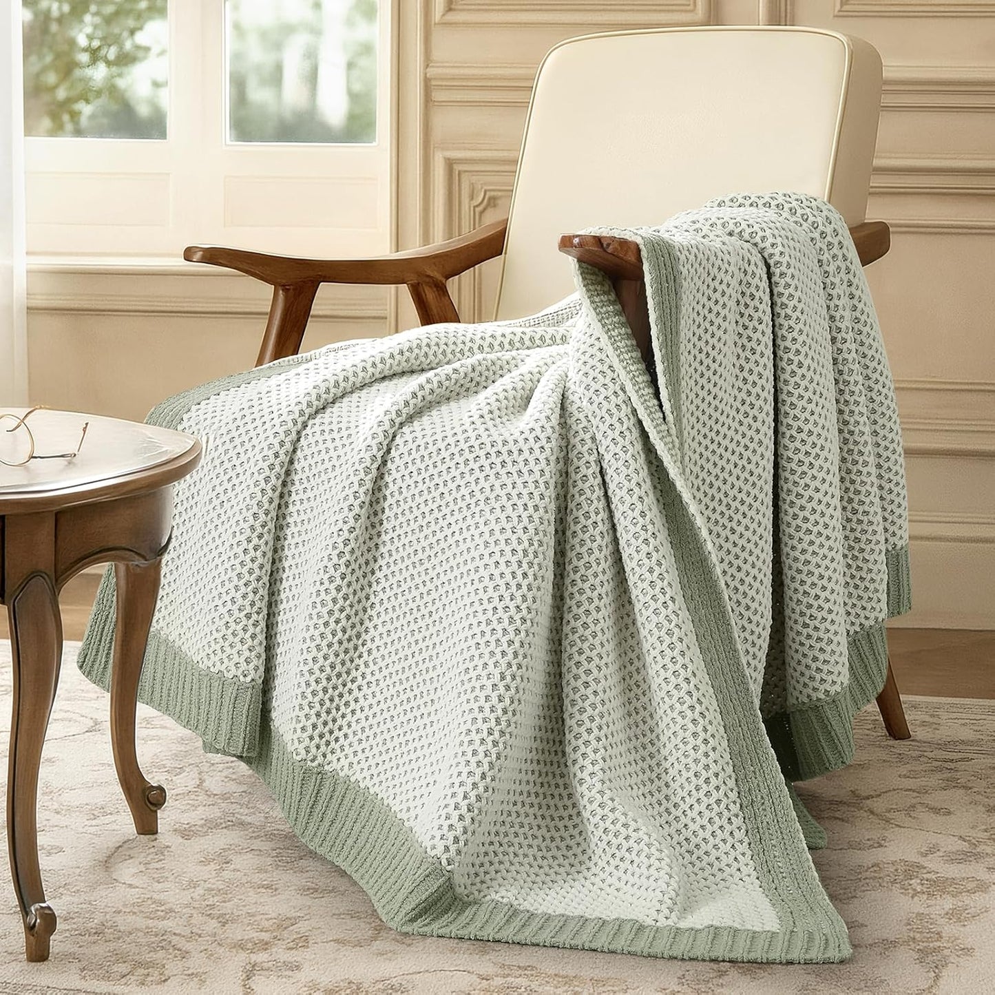 Amélie Home Honeycomb Knit Throw Blanket for Couch, Dual-Sided Soft Chenille Decorative Blankets for Sofa & Chair, 50"x60", Sage Green & White