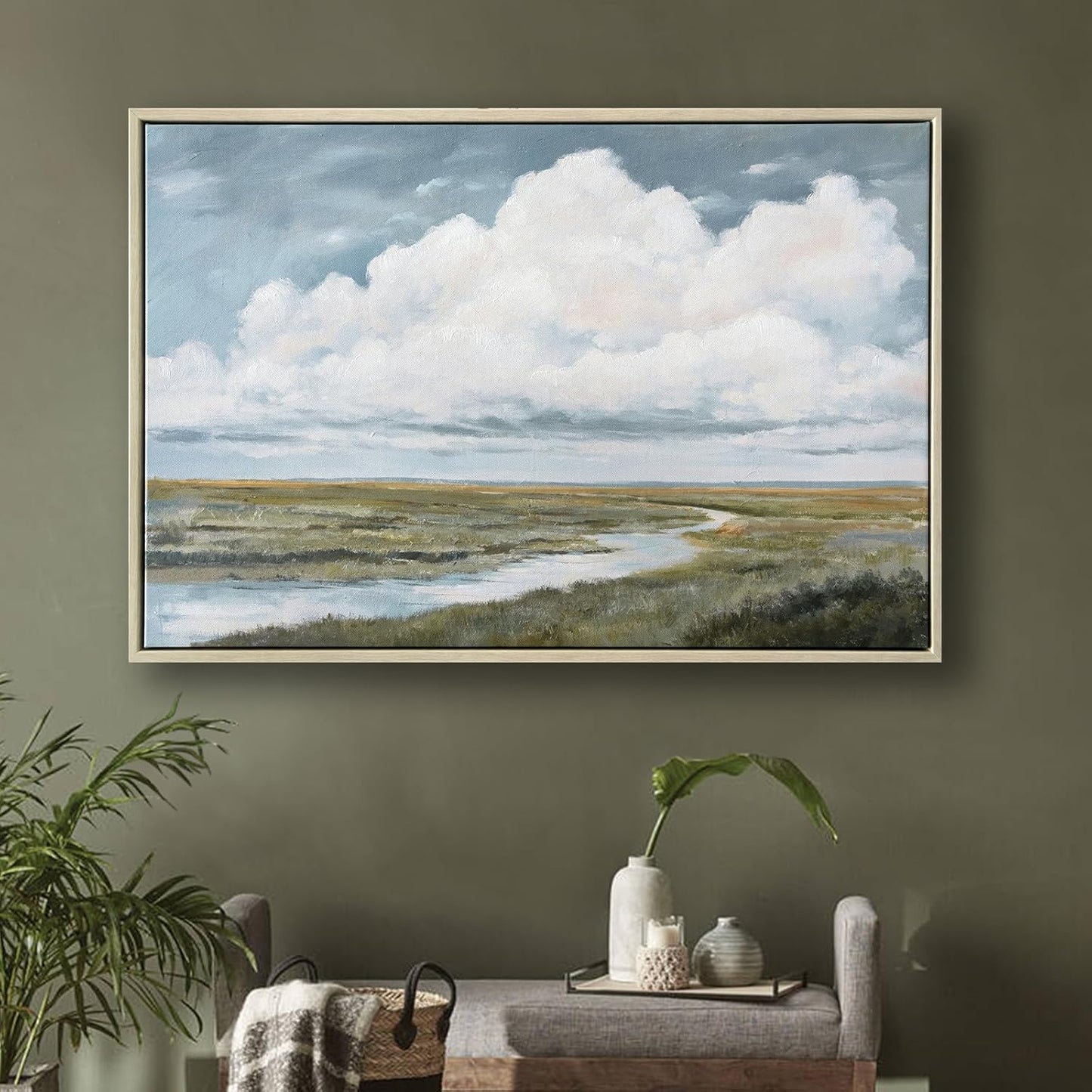Framed Canvas Landscape Wall Art, Serene Sky cloud wall decor Retro Coastal Classic Painting Lake Scene Illustrations Antique Fine Art Nature Wall Decor for Bedroom Office Home living room, 17"x24.5"