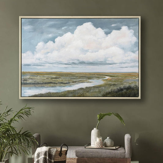 Framed Canvas Landscape Wall Art, Serene Sky cloud wall decor Retro Coastal Classic Painting Lake Scene Illustrations Antique Fine Art Nature Wall Decor for Bedroom Office Home living room, 17"x24.5"