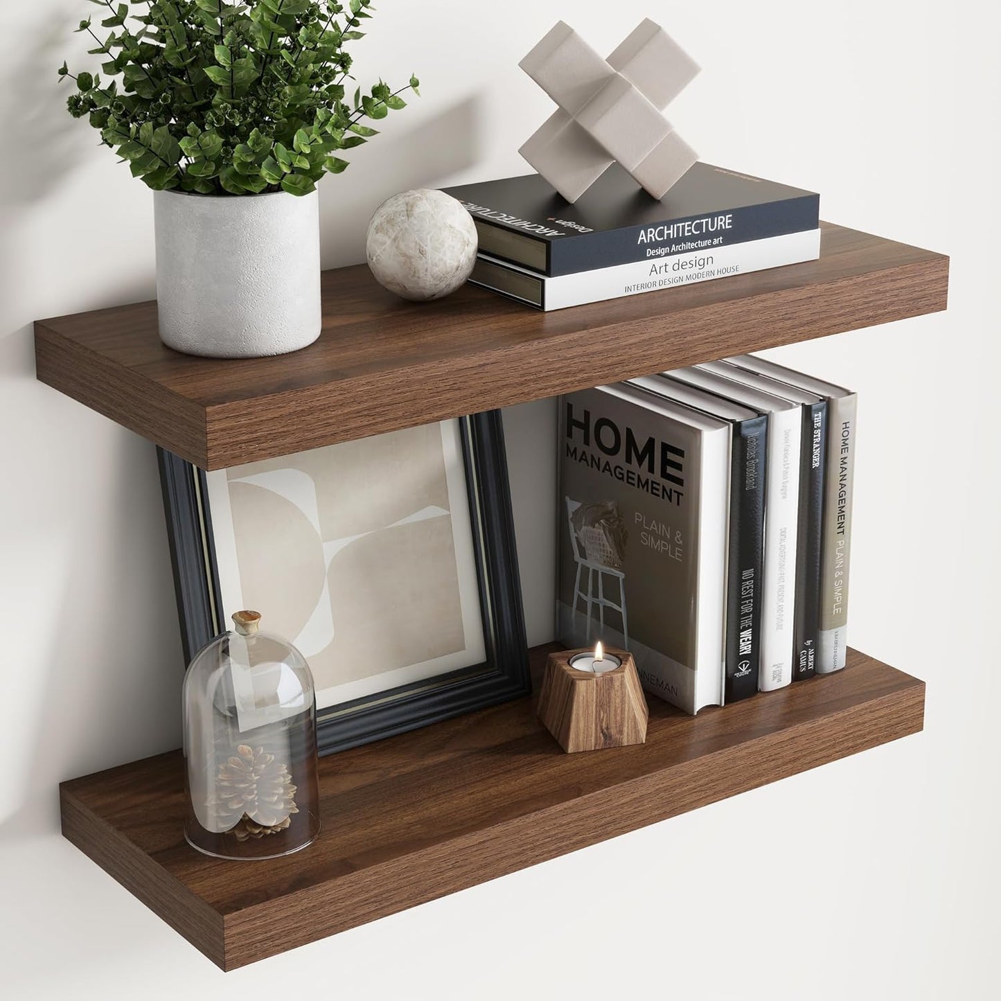 Floating Shelves for Wall with Invisible Brackets, Wall Mounted Engineered Wood Shelves with Wood Grain for Living Room, Bedroom, Bathroom, Kitchen Decor and Storage, Oak, 24"L Set of 2, Walnut