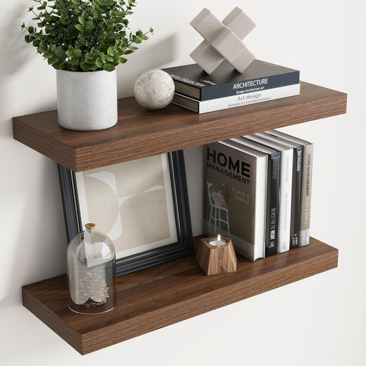 Floating Shelves for Wall with Invisible Brackets, Wall Mounted Engineered Wood Shelves with Wood Grain for Living Room, Bedroom, Bathroom, Kitchen Decor and Storage, Oak, 24"L Set of 2, Walnut