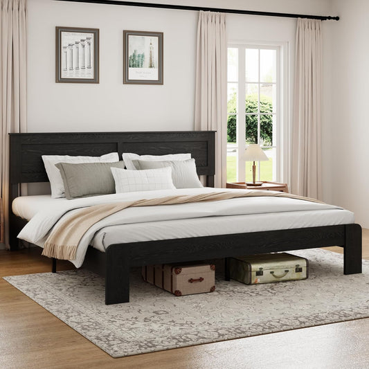 Wood Platform Bed Frame, King Bed Frame with Headboard and Wood Slat Support, Noise-Free,Easy Assembly, No Box Spring Needed,Black