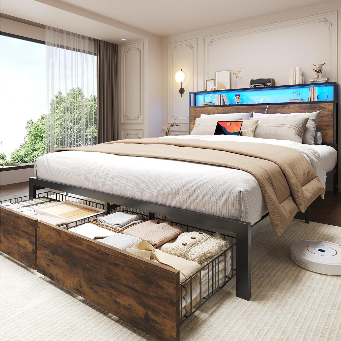 Lifezone Queen Bed Frame with 2-Tier Storage Headboard, Metal Bed Frame with Storage Drawers & Built-in Charging Station & LED, Noise-Free, No Box Spring Needed, Easy Assembly, Rustic Brown