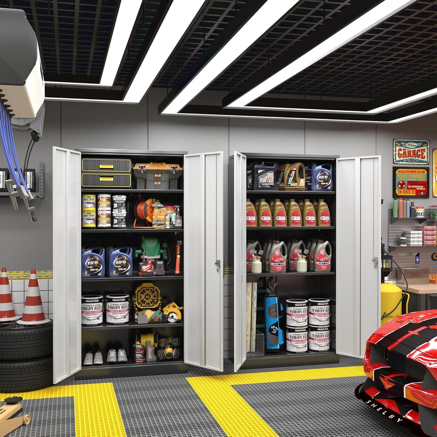 Greenvelly Metal Storage Cabinet, 72" Metal Garage Storage Cabinet with 2 Doors and 4 Adjustable Shelves,Steel Cabinets with Locking Doors for Home Office,Garage,School,Gym(Black Grey)