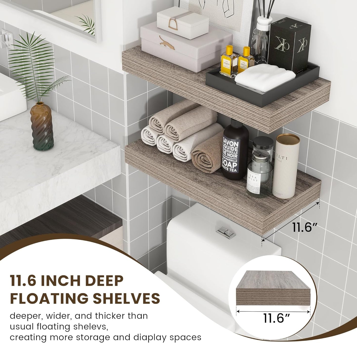 Deep Floating Shelves for Wall, 24W x 12D Rustic Grey Wood Floating Shelves Set of 2, 24 Inch Large Wall Mounted Shelves for Living Room Bathroom Laundry Room Bedroom Kitchen Home Office - Grey