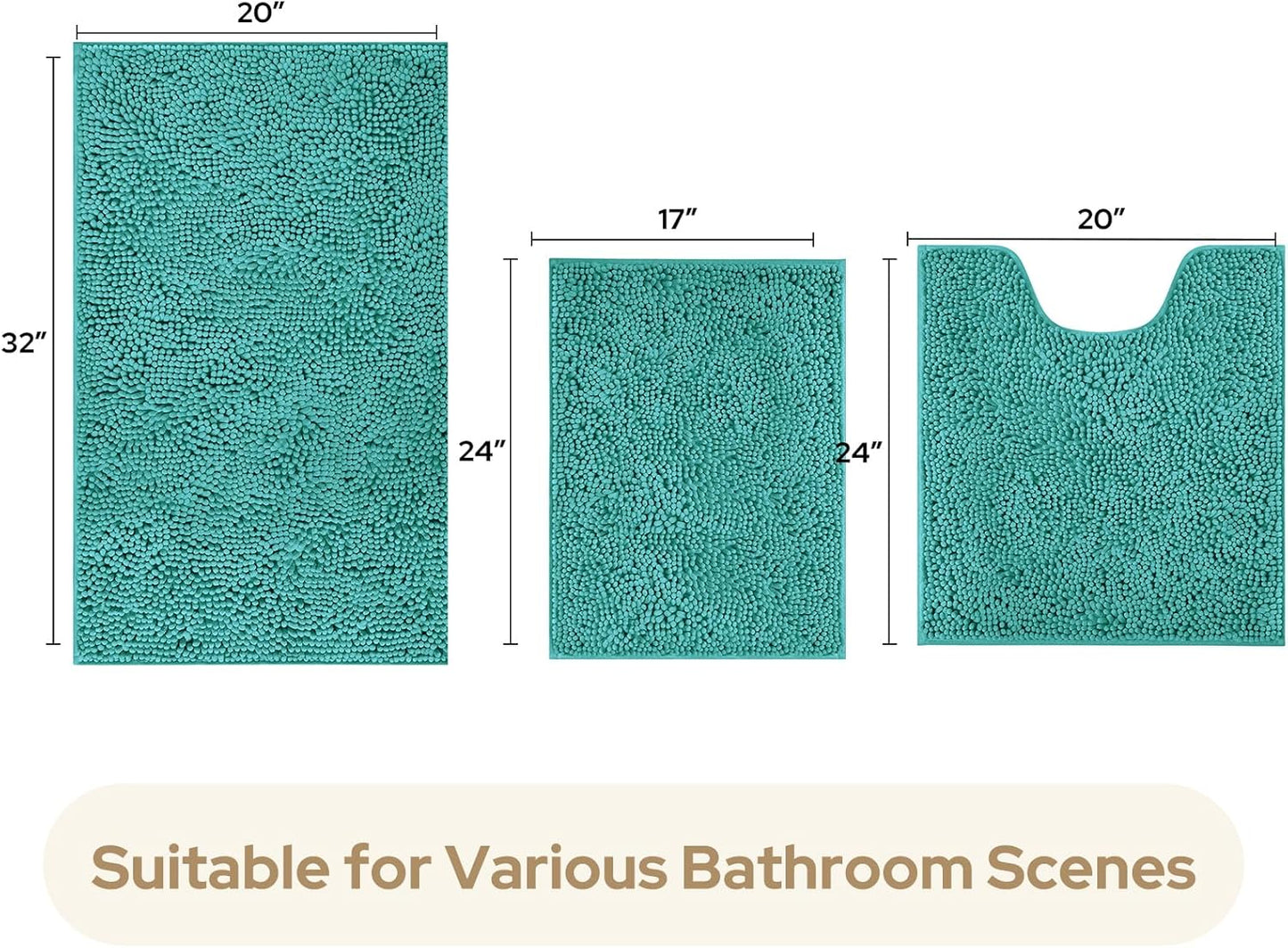 HOMEIDEAS 3 Pieces Bathroom Rugs, Ultra Soft Non Slip Absorbent Chenille Toilet Bath Mat Set (Teal,17"x24"+20"x32"+U Shape 20"x24")