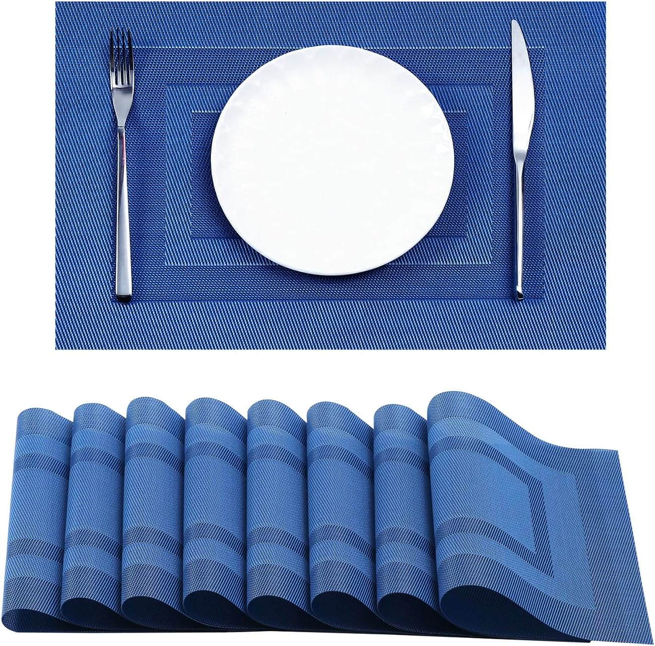 Leetaltree Blue Frame Placemats Set of 8 - Heat Resistant Non-Slip Place mats for Dining Table, Washable Durable PVC Vinyl Woven Table Mats（Blue Frame, 8）