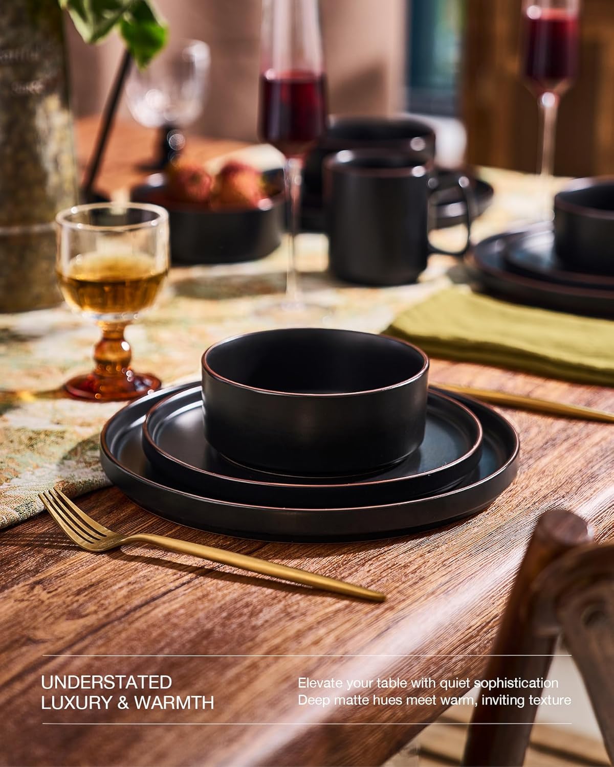 Famiware Nebula Ridge Stoneware Dinnerware Sets, Plates and Bowls Sets for 4, 12 Pieces Dishes Set, Microwave and Dishwasher Safe Kitchen Plates, Matte Black
